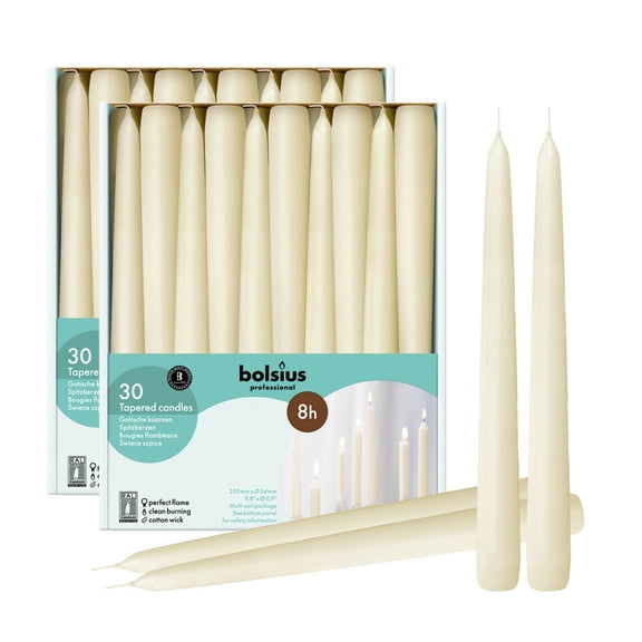 Bolsius Ivory Unscented Taper Candles 10" Long  Pack 60 & 8 Hr Burn Time -Table Candles