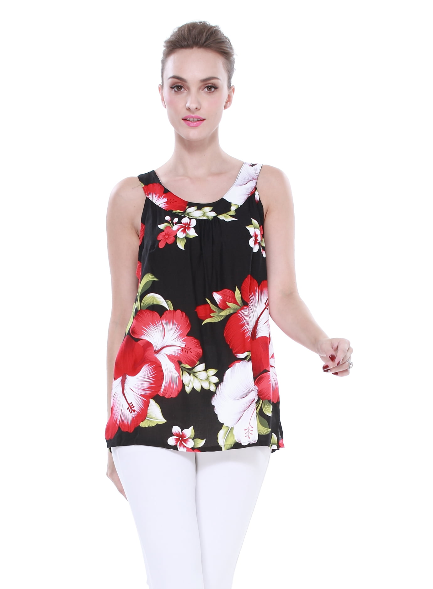 Women's Hawaiian Floral Tank Top in Black with Red Giant Hibiscus and ...