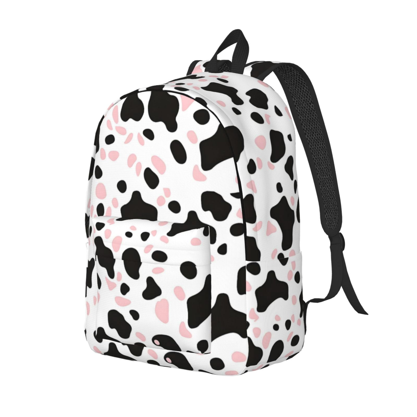 Casual Canvas Backpack Without Interlayer Large Capacity Stick Bag Design For Outdoor Shopping Office Outdoor Sports Simple Cow Print Pattern White Background, Pink And White_1 Medium