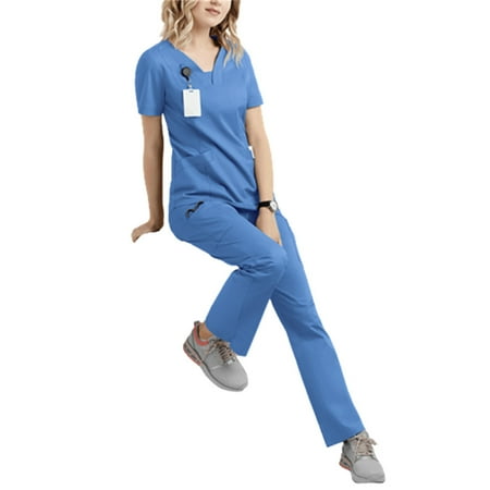 

Scrubs Set for Women V Neck Short Sleeves Uniform with Pockets Non-Sticky Hair for Pet Hospital S B Style Short Sleeve Suit Blue