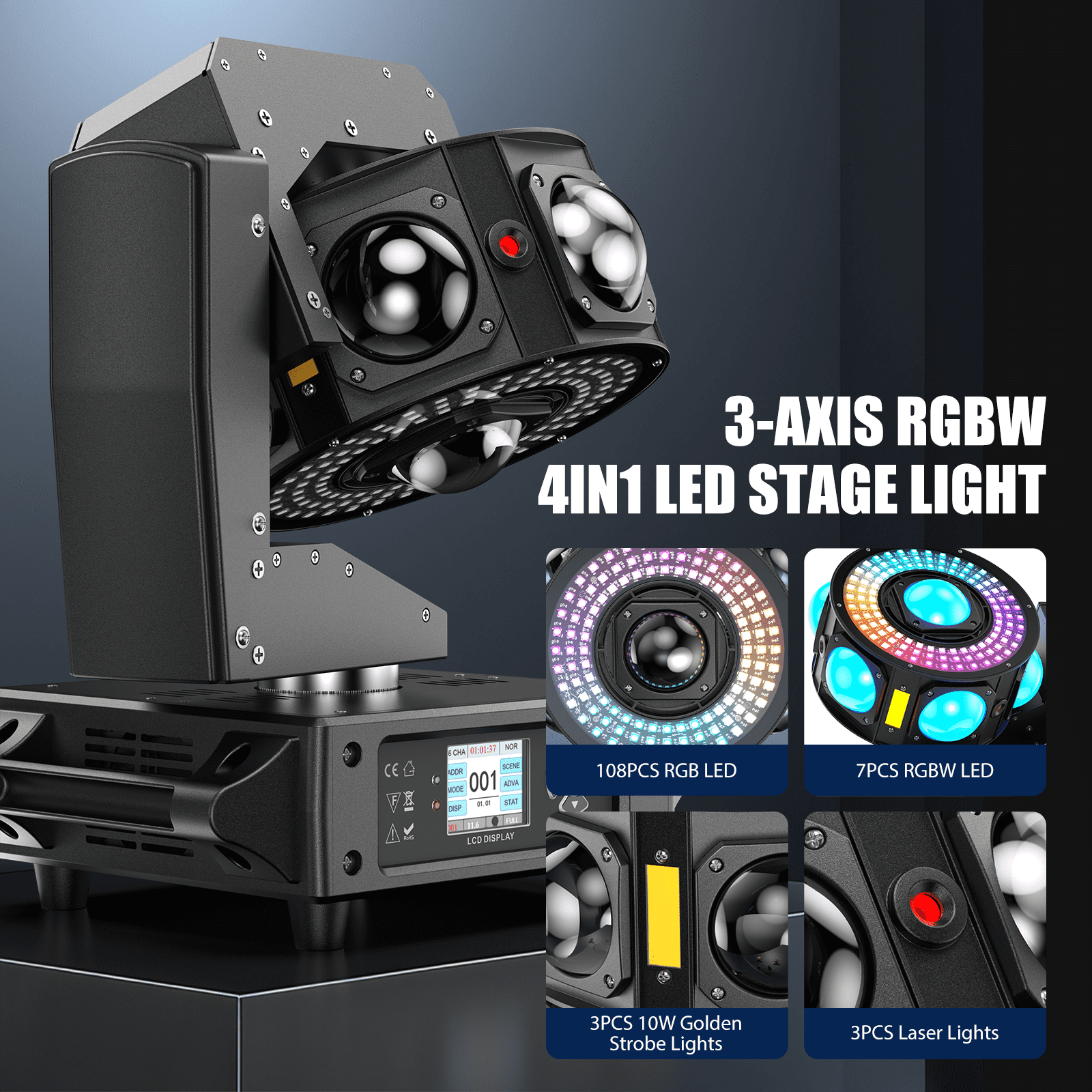 Wondnuga 160W RGBW Moving Head Beam Light with DMX512 & Sound Control, 540° Rotation for Stage/Club