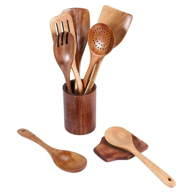9 cucharas de madera para cocinar, utensilios de madera para cocinar con soporte para utensilios, juego de utensilios de cocina de madera de teca