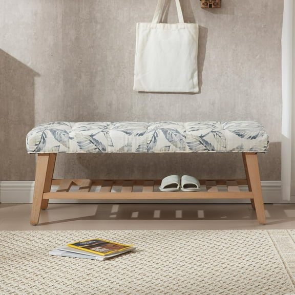 Kmax Entryway Bench with Shoe Storage, Upholstered Wood Storage Bench for Living Room Window Bench with Storage for Bedroom End of Bed - Linen, Floral Pattern