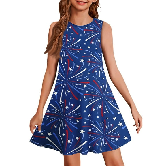 YOUYEDIAN Independence Day Plus Size Spring Dresses for Teens 1776 Sleeveless Red Blue and White Sun Dress Freedom Crew Neck Vacation Dress Midi Dress 2025 Summer Casual Dresses,Blue 4-5 Years