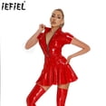 thumbnail image 2 of Vestido de látex con efecto mojado para mujer, vestido ajustado tipo minivestido con cuello alto y cremallera, falda de charol con volantes y manga larga, 2 of 5