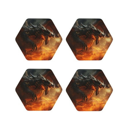 

Fuzoiu Fiery Dragon Of Chaos Print Leather Coasters Set Drink Coasters Set of 4 for Tabletop Protection Durable PVC Coasters Home Décor and Housewarming Gift-Hexagon