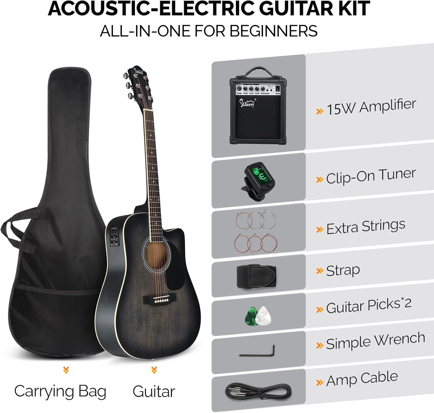 GLARRY Full Size 6 Strings Acoustic Electric Guitar Beginner Kit w/ 15W Amp, Cutaway 41 Inch Electric Acoustic Guitar w/Inbuilt Tuner, Bag, Strap, Picks, Strings, Basswood Guitarra, Distressed Green
