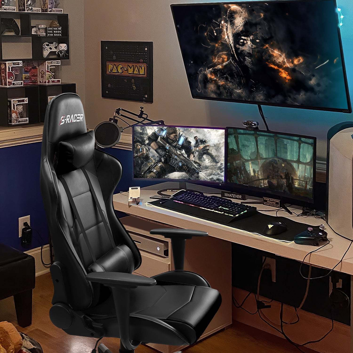 Homall Gaming Chair Office Chair High Back Computer Chair Leather Desk Chair Racing Executive Ergonomic Adjustable Swivel Task Chair with Headrest and Lumbar Support, Black