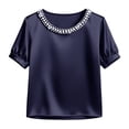 thumbnail image 6 of Endives Women's Short Sleeve T Shirt Beaded Round Neck Solid Color Fashion Elegant Satin T-shirt Summer Tops Dark Blue, 6 of 6