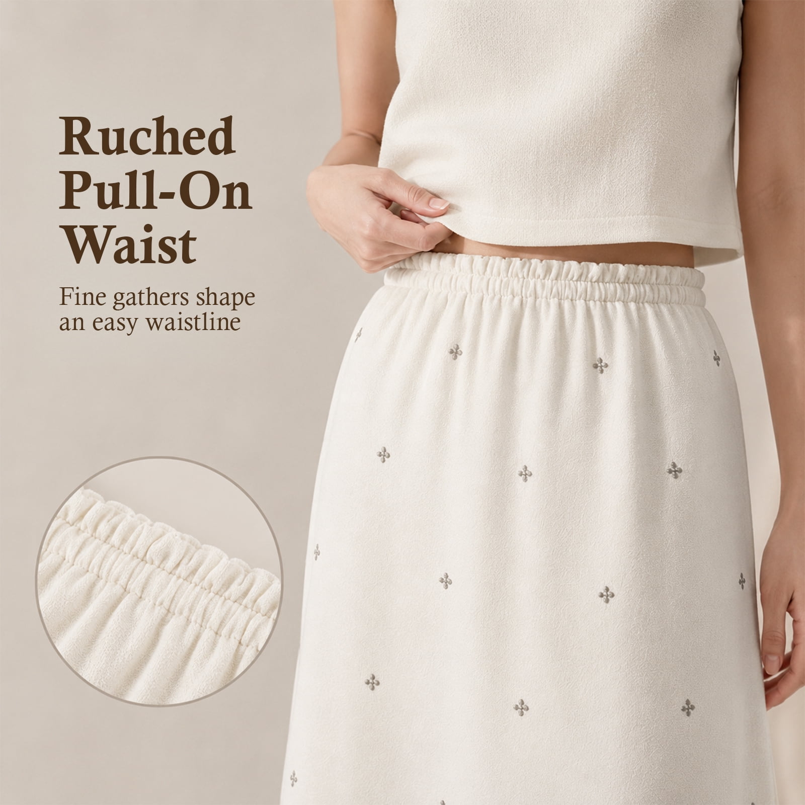 Alvantor Women's Embellished Midi Skirt, Gathered Pull-On Waist with Stretch Lining, Ivory