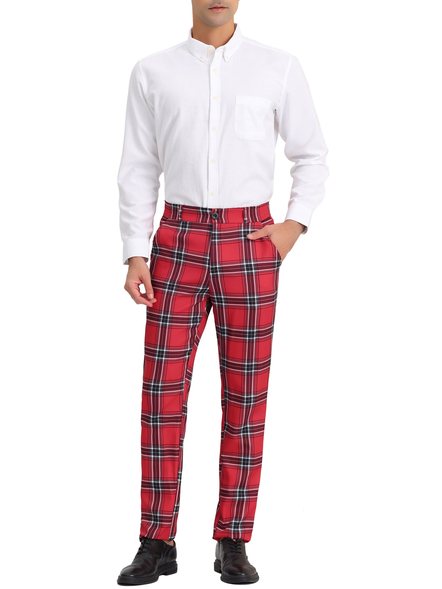 Unique Bargains Men's Checked Suit Pants Flat Front Elastic Waist Plaid Pants 34 Red