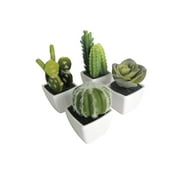 K-Cliffs Artificial Mini Succulent 3 to 5 Cactus in White Ceramic Cube Pot 4pcs Set,Ball Cactus - 2.25 W X 3.25 H X 2.25 D; Fairy Castle Cactus - 2.25 W X 5 H X 2.25 D; Prickly Pear Cactus - 2.2