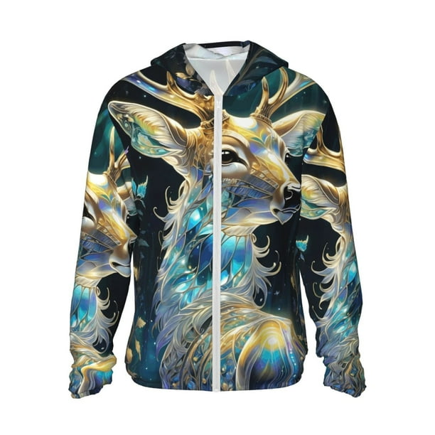 Fotbe Colorful Stained Glass Deer Chaqueta con Protección Solar UPF 50+ para Hombre y Mujer, Camisa con Capucha y Bolsillos-X-Large