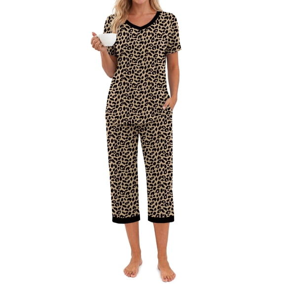 Weekease Printed Two Piece Pajama Sets for Women V Neck Short Sleeve Tops and Capri Casual Summer Sleepwear