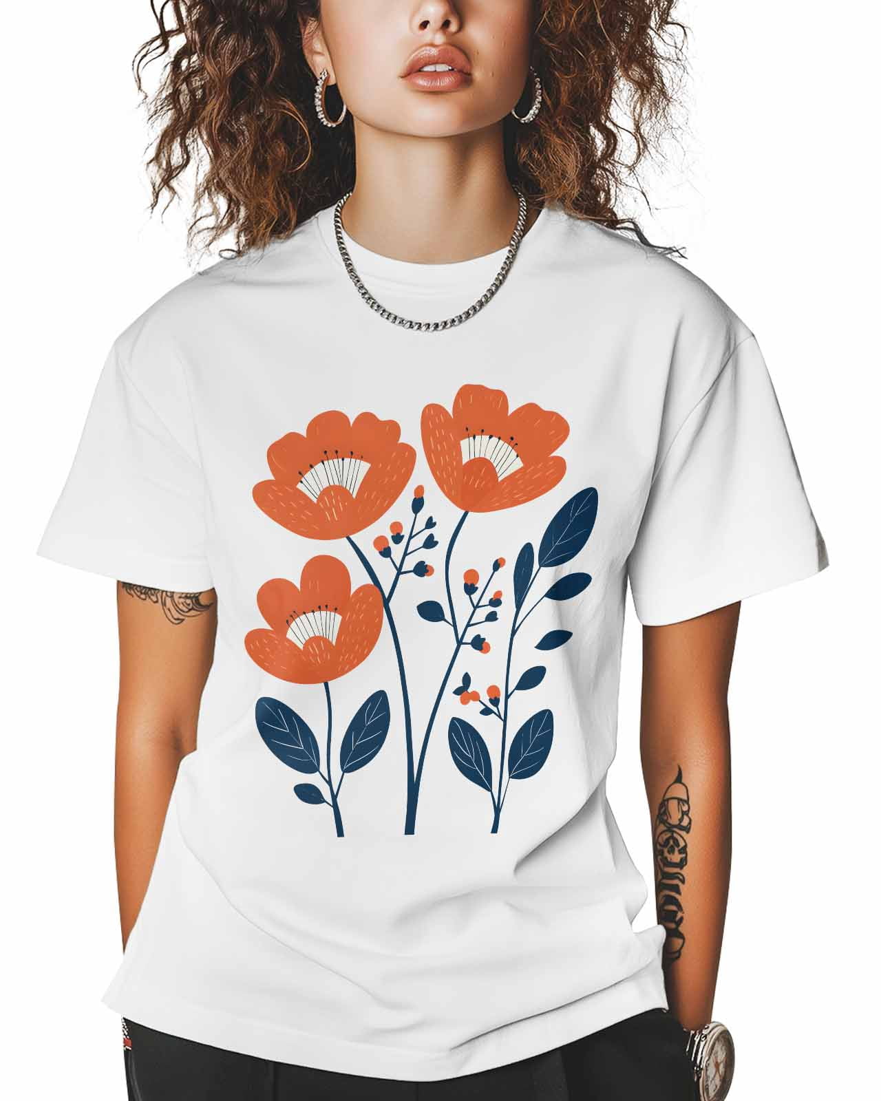 【Holiday】CREW-NECK L/S TOPS (FLOWER) Women's Graphic T-Shirt White XS Women's Tops Orange Flowers