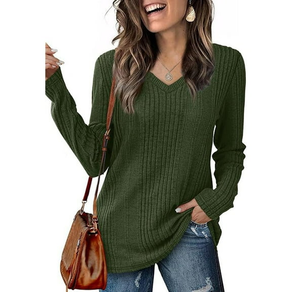Tops for Women Trendy Women's Fashion Casual V-Neck Long Sleeve Solid Color T-Shirt Comfortable Top