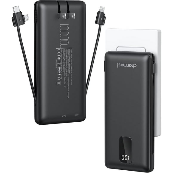 SDES-Portable Charger with Built-in Cables, 10000mah Power Bank, 5 Output Ultra Slim LED Display, Built-in AC Plug, USB C & Micro, Three Cables Integrated Battery Pack for iPhone Samsung iPad