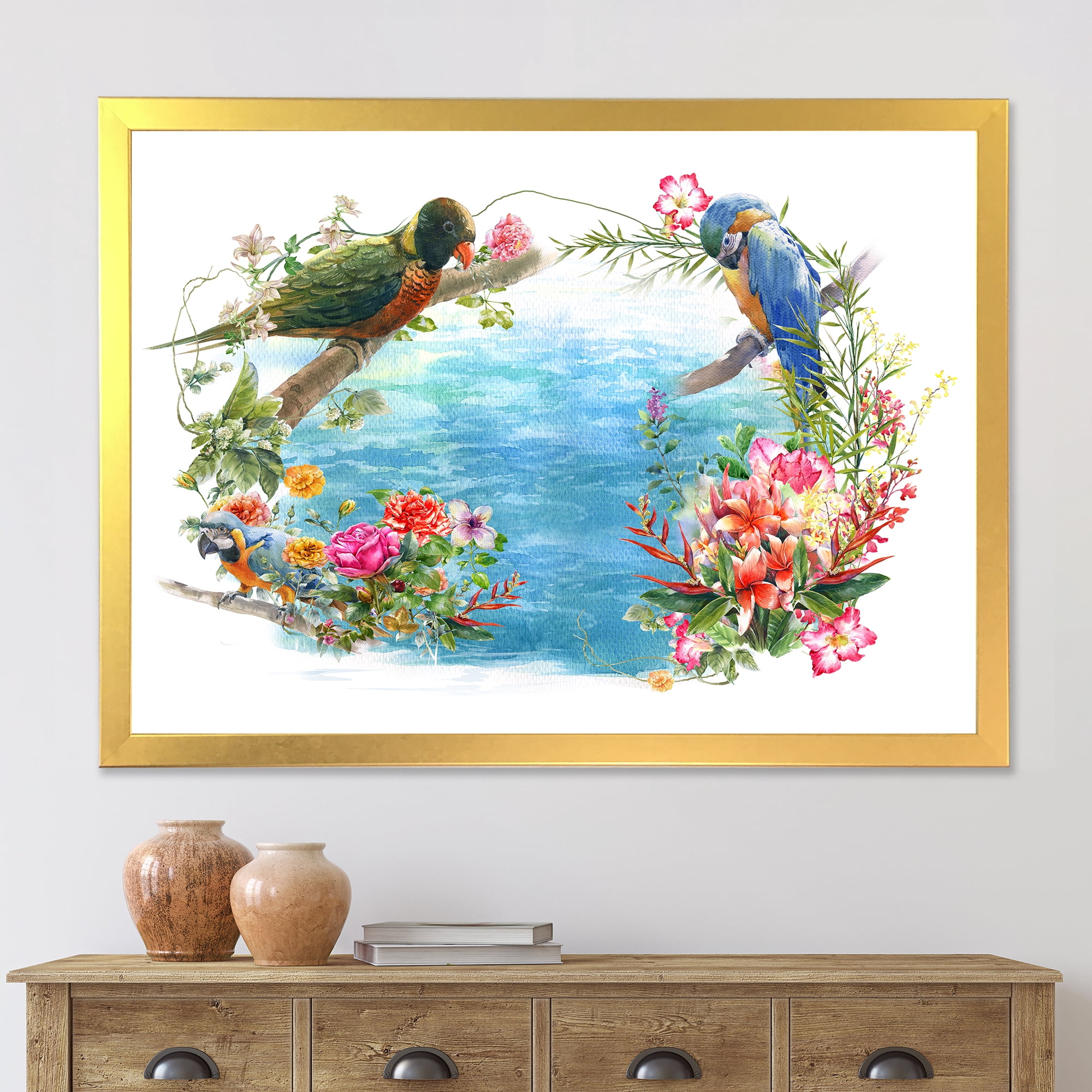 Designart 'Parrots and Flowers By The Blue Waterside' Traditional Framed Art Print