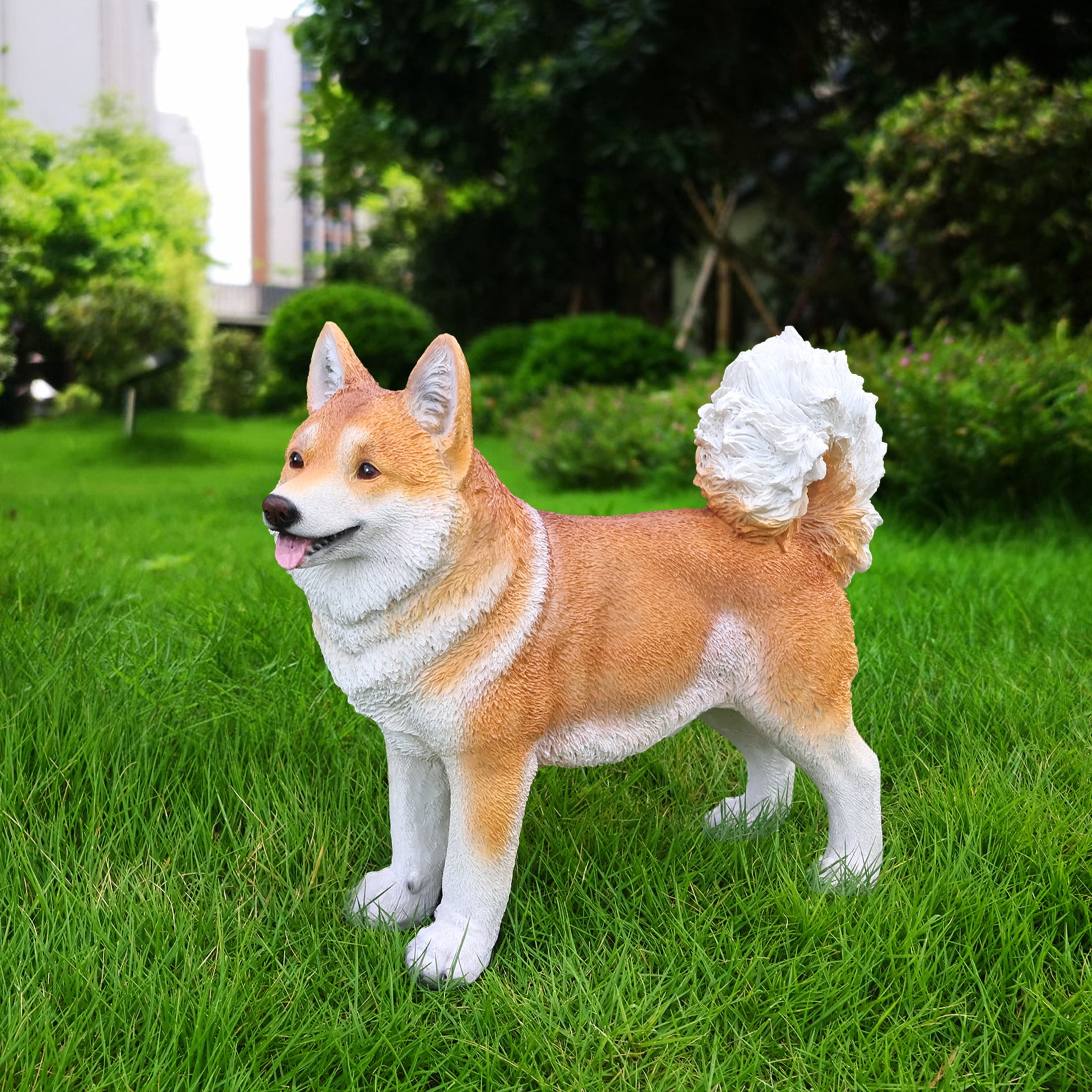 Noble House Lifelike Staning Shiba Inu Statue, Realistic Resin Animal Figurine for Outdoor Garden Decor, Brown White