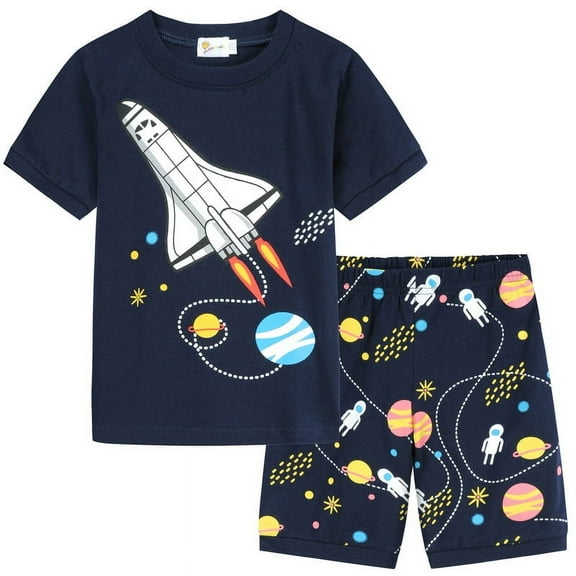 FEDPOP Baby Boys Toddler Pajamas Pyjamas Cotton Rocket Truck Printed Short Sleeve Sleepwear 4T