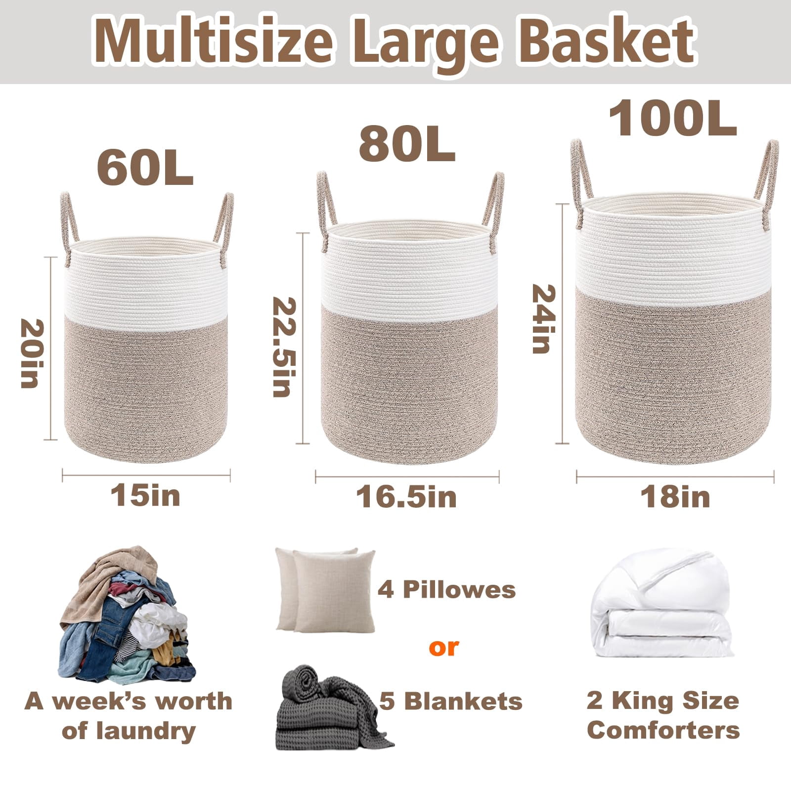 Large Woven Laundry Basket Hamper,60L Cotton Rope Storage Bin for Blankets,Toys and Clothes,Decorative Tall Nursery Hamper for Living Room,Baby Nursery,Bathroom and Bedroom