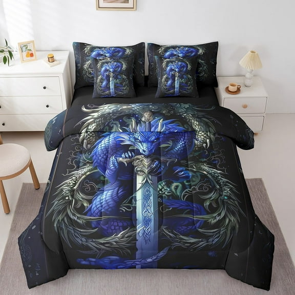 7Pcs Dragon And Sword Bedding Full,3D Dragon Comforter Set Fierce Wildlife Theme Comforter   Flat Sheet   Fitted Sheet   2 Pillowcases   2 Throw Pillow Covers