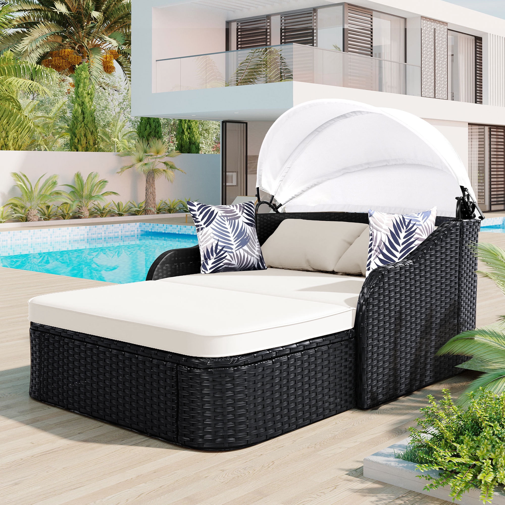 80" Outdoor Sunbed with Adjustable Canopy,Sectional Rattan Round Bed with Double lounge,Beige+Black