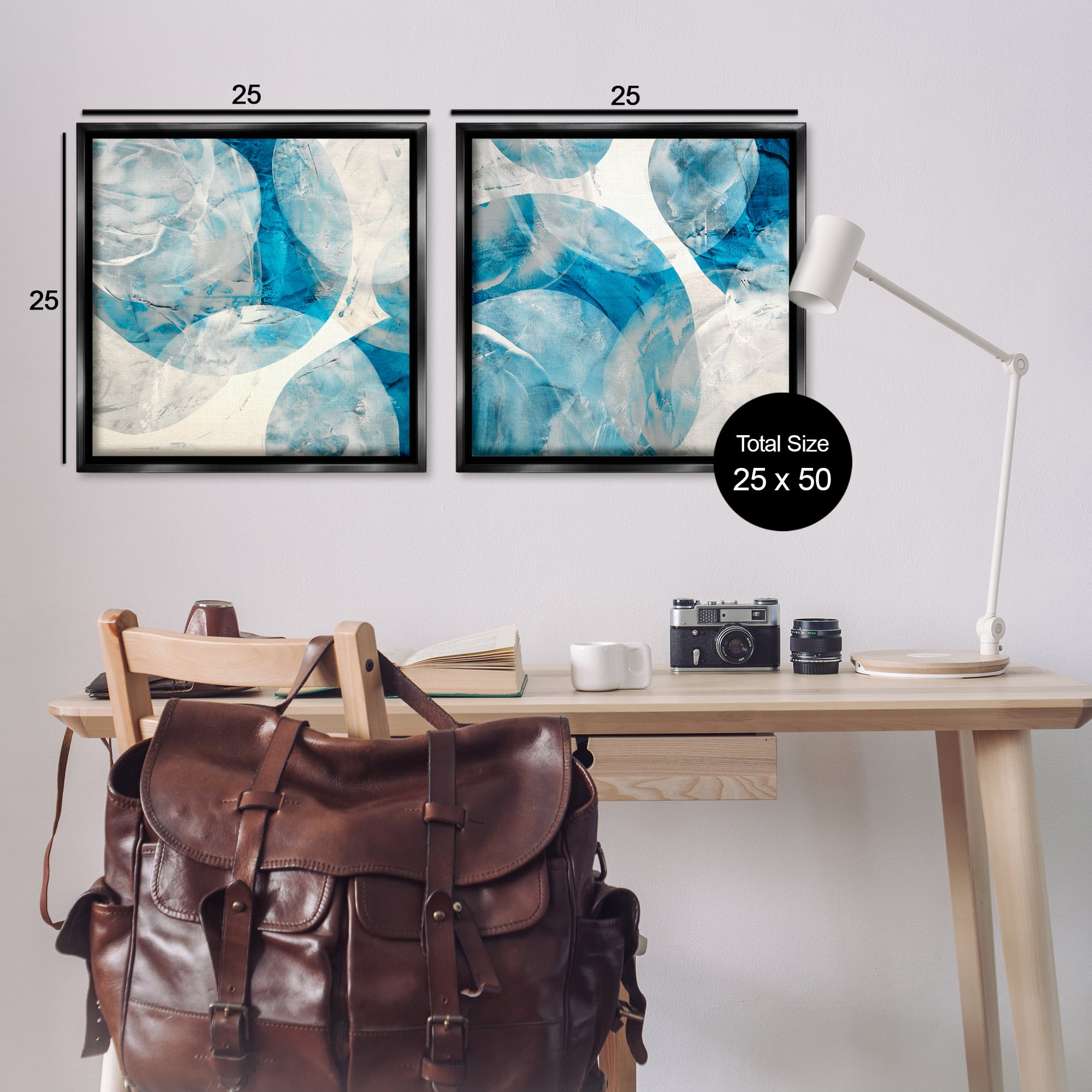 Stupell Industries Abstract Teal Cream Circles Abstract Painting Black Floater Framed Canvas Art Print Wall Art, 25 x 25, Set of 2