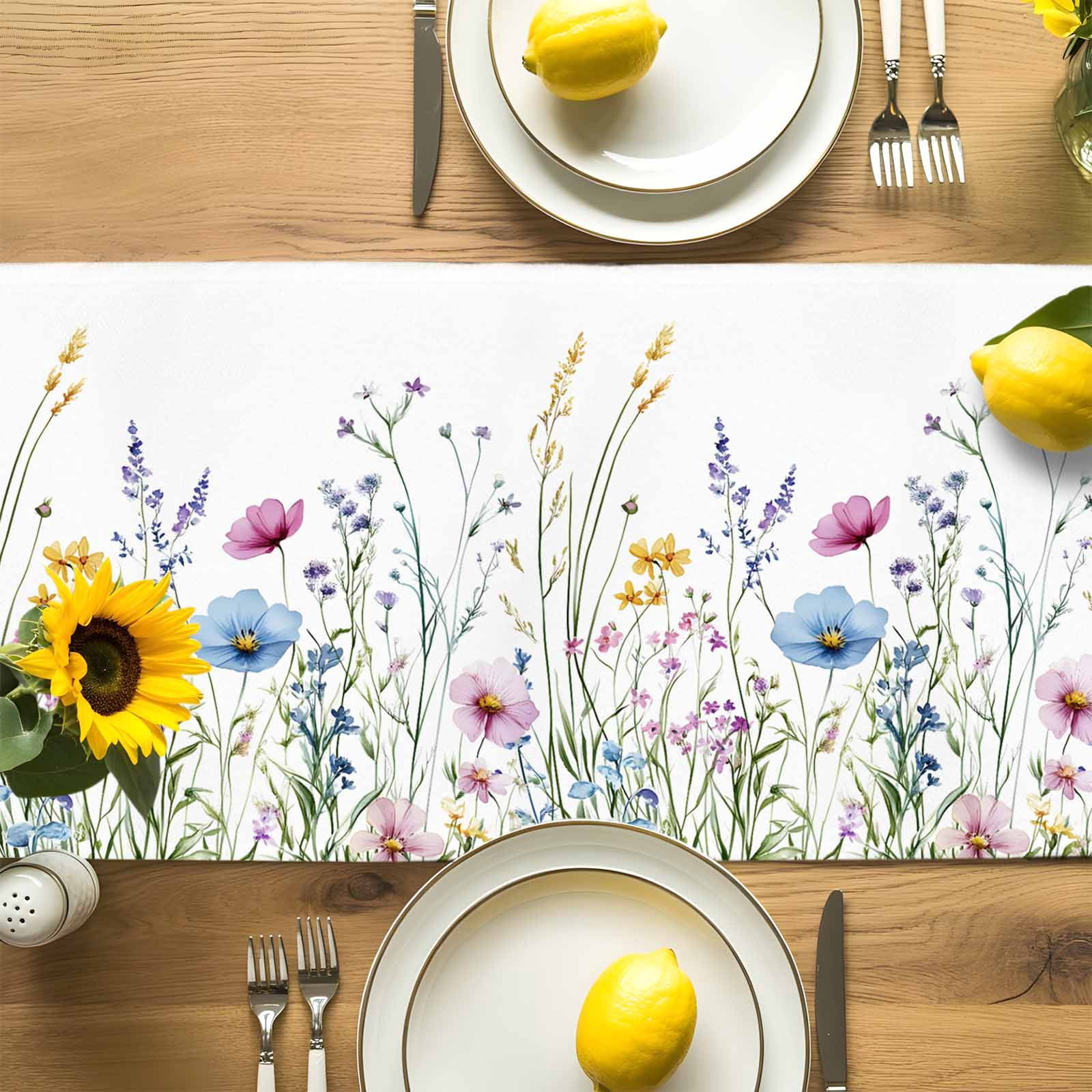 Farm Flower Watercolor Wildflower Table Runner 90 Inches Long, Farm Plant on White Table Runners Tabletop Scarf Kitchen Dining Tables Decoration for Home Party Indoor Outdoor
