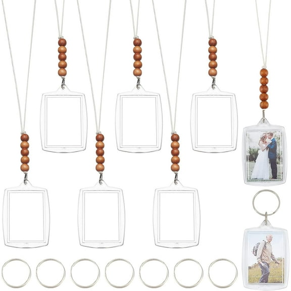 8Pcs Plastic Rearview Mirror Car Picture Frame Rear View Mirror Hanging Accessories Small Photo Frame Pendant with Cotton Cords Wood Beads for Car Ornament Keychain Pet Collar Clear DIY
