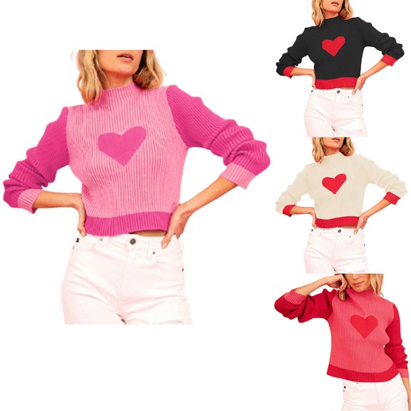 Fartey Women's Cute Heart Knit Sweater Fashion Ribbed Knit Crop Sweaters Slim Fit Mock Neck Knitted Pullover Tops Fall Winter Long Sleeve Knitwear Black M