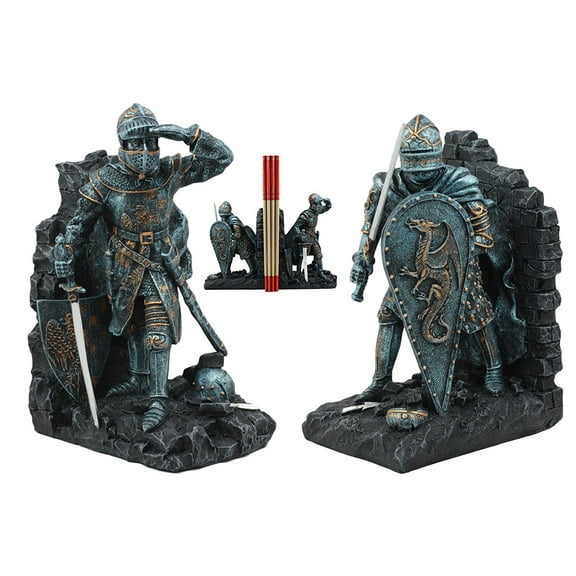 Ebros Medieval Dragon Heraldry Knight Bookends Statue 8"Tall Set Suit Of Armor Swordsman Warrior With Heraldry Shield Renaissance Age Of Kings Decorative Bookends Sculpture