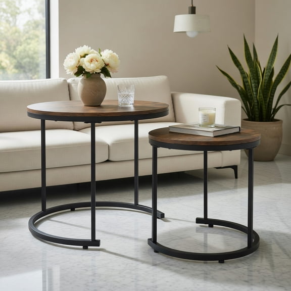 Kadyn Cocktail Tea Table,Coffee Table,Sofa Table Tea Table,Set of 2 Modern Round Stacking Nesting Coffee Tables for Living Room-Rustic Brown