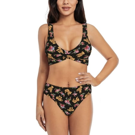 Zeuib Rose Flower Bear High Waisted Tummy Control Bikini Set - Knot Front Push Up Top & Cheeky Thong Bottom  Two-Piece Swimsuit for Women-Large