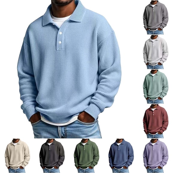 IhhxPro Big & Tall Men's Waffle Knit Pullover Button Detail down Sweater Long Sleeve Casual Quarter Zip Thermal Insulated Winter Layer 4XL-5XL