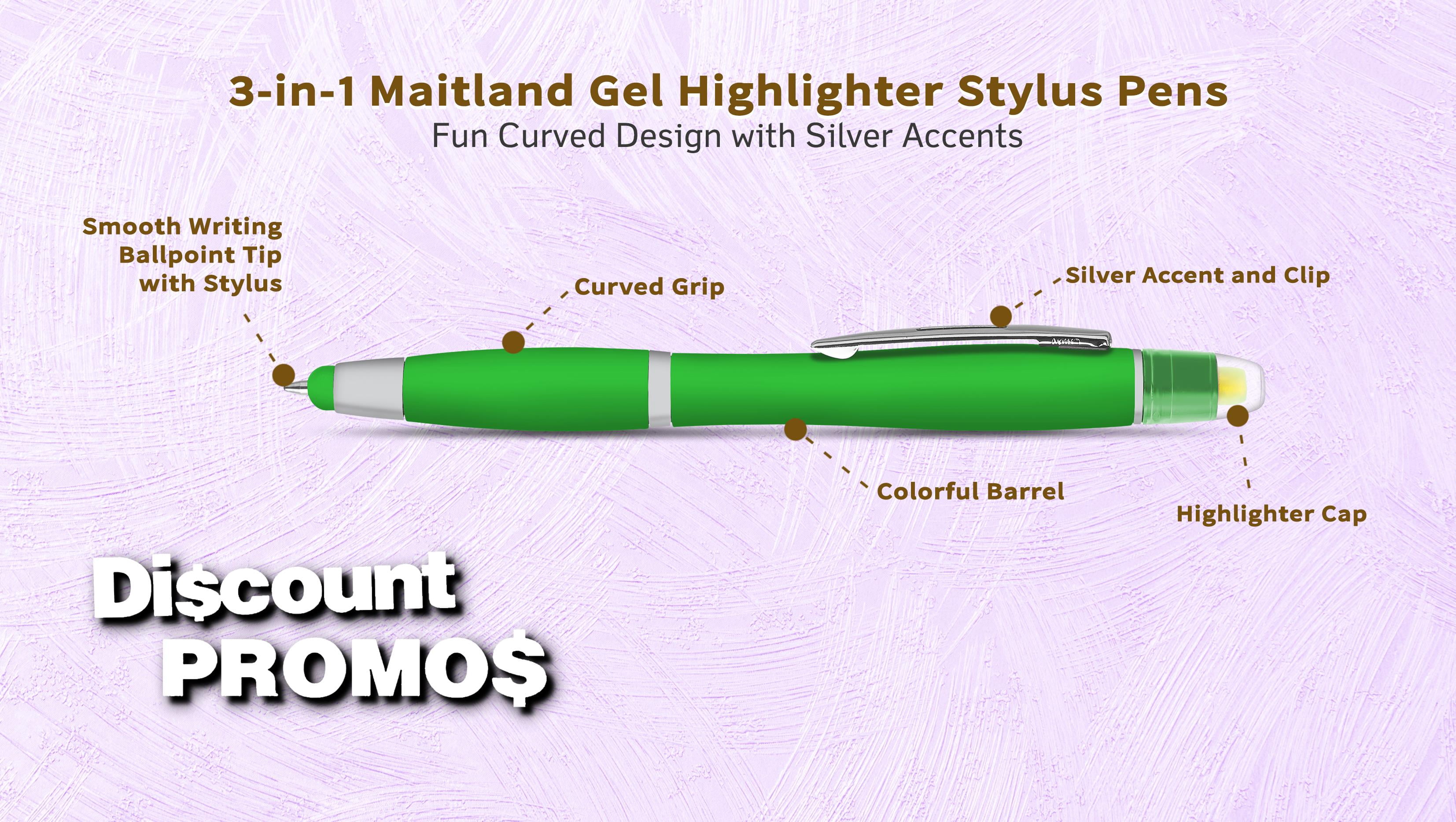 10 Maitland Gel Highlighter Stylus Pens Pack - Ballpoint, Black Ink - Green