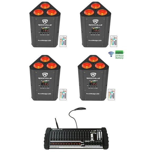 (4) Rockville RockWedge LED Battery Lights 384 Channel Wireless DMX Controller