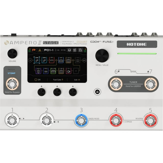 Hotone Ampero II Stage MP-380 Modéliseur d'Ampli et Processeur d'Effets Conçu pour Guitaristes et Chanteurs, avec un Écran Tactile Dynamique de 5 Pouces, Huit Commutateurs au Pied et des Commandes Intuitives. le Panneau avant Présente des Chaînes d'Effets Personnalisables, des Indicateurs de mode PATCH et STOMP, et des Fonctionnalités Avancées comme la Connectivité Bluetooth, des Entrées Stéréo et des Prises d'Extension TRS Doubles. Idéal pour les Prestations en Direct et l'Enregistrement avec des Effets de Guitare