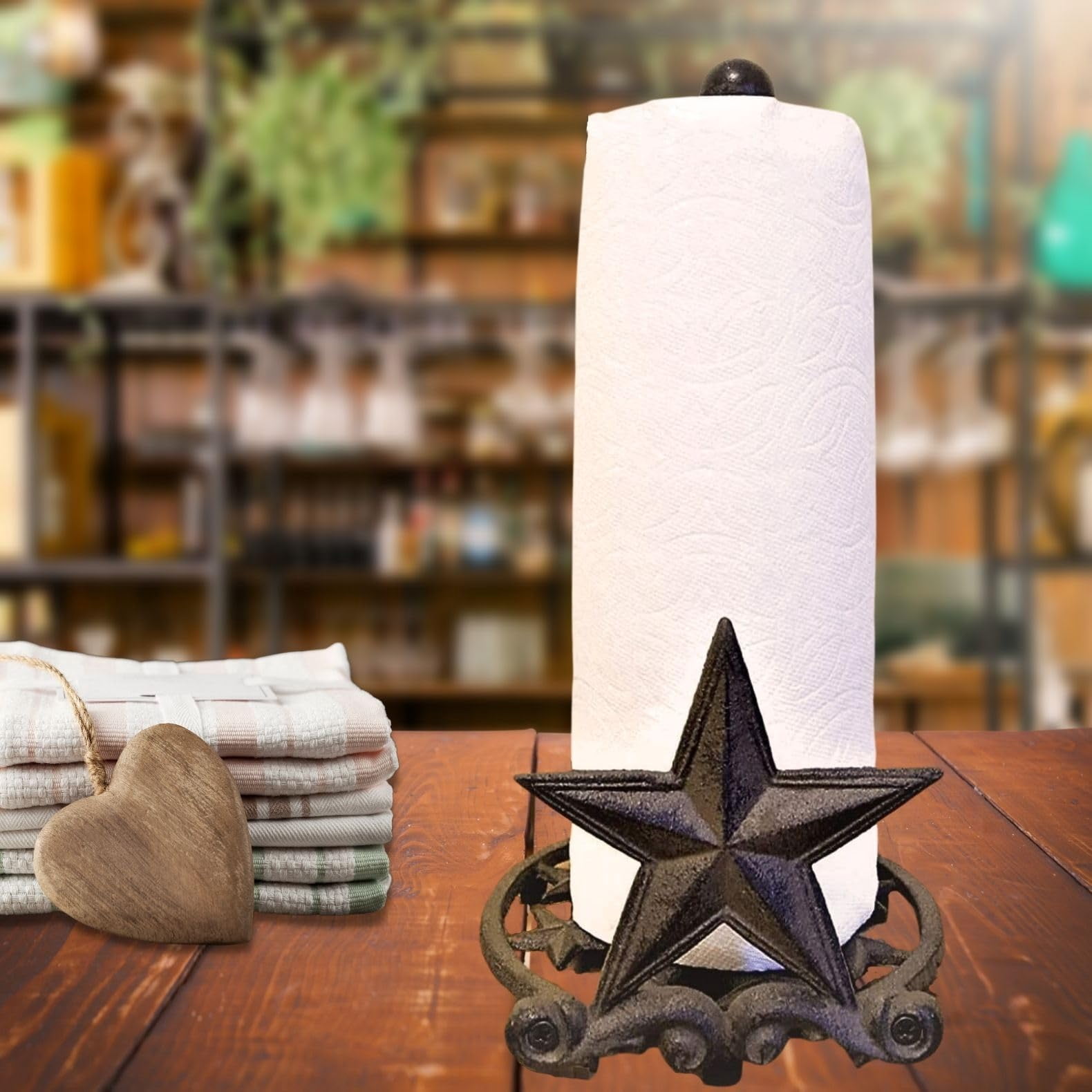BestGiftEver Metal Star Country Rustic Paper Towel Holder - Freestanding Kitchen Countertop Decor for Farmhouse, and Western Styles - Made of Rustic Brown Cast Iron, for Countertop Cabin Theme
