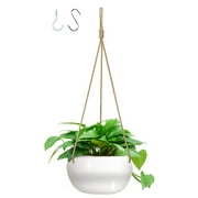 GROWNEER 7 Inches Ceramic Hanging Planter with 2 Hooks, White Porcelain Wall Hanging Plant Holder Flower Pot with Nylon Rope for Home Decoration, Gift, Garden, Indoor Outdoor Use