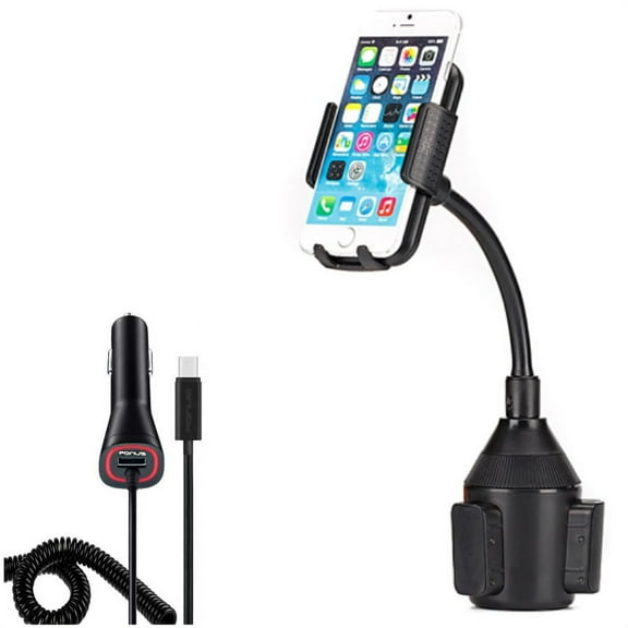 Swivel Cup Holder Car Mount w Power Type-C Quick Charger R8N for Blackberry Key2, KEYone, LE - BLU G9, Vivo XI Plus 5 - CAT S61 S48c - Coolpad Legacy - Essential Phone (PH-1) - Google Pixel XL