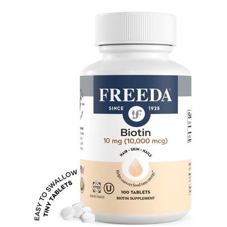 Freeda Biotin 10,000 mcg (10 mg) | Maximum Strength | Hair, Skin & Nails Support | Tiny Tablets | Vegan, Gluten Free | 100 Tablets
