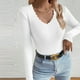 thumbnail image 1 of Suéter de cuello en V para mujer, blusa de poliéster de manga larga, color liso y moderno., 1 of 4