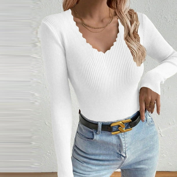 Suéter de cuello en V para mujer, blusa de poliéster de manga larga, color liso y moderno.