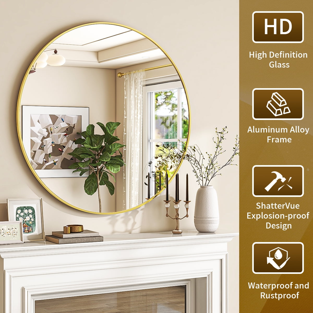 Easy4Home 30 Inch Round Wall Mirror Aluminum Alloy Framed Circle Bathroom Mirror Wall Mounted, Gold