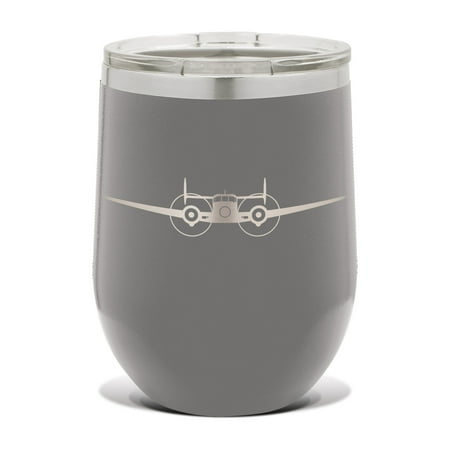 

Model 18 Wine Tumbler 12 oz - Laser Engraved - Stainless Steel - Vacuum Insulated - Double Walled - Wine Glass - Stemless - Drinkware Clear Lid - tailwheel light aircraft twin beech model18 - Gray