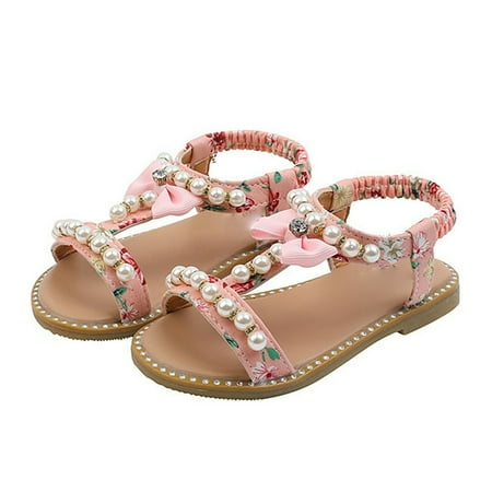 

Duretiony Baby Girls Boho Pearl Beaded Sandals Flower Girls Bowknot Flat Thong Beach Sandals Gladiator Princess Shoes