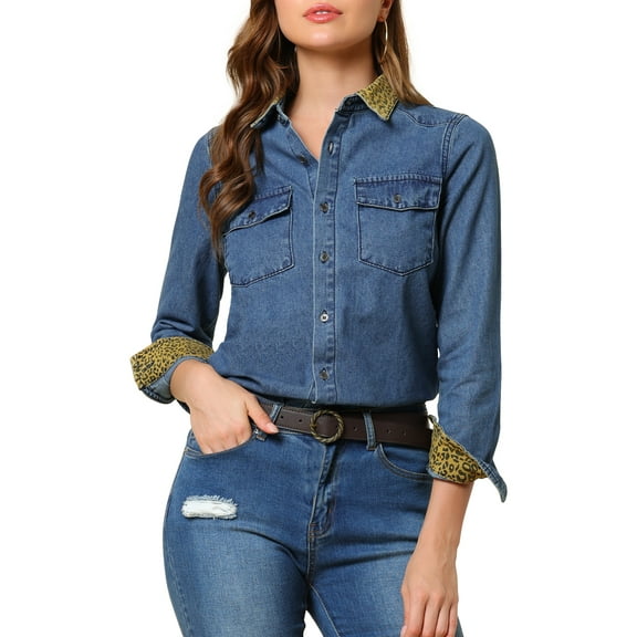 MODA NOVA Juniors Leopard Button up Long Sleeves Short Denim Shirt with Pockets Dark Blue XS