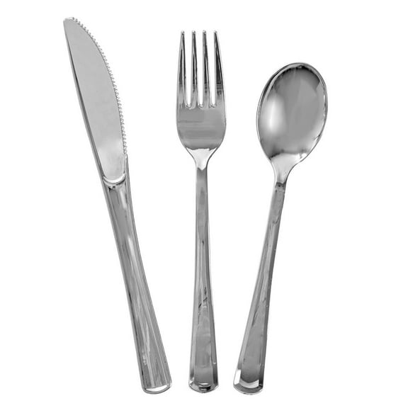 Assorted Plastic Silverware for 6, Metallic Silver, 18pc