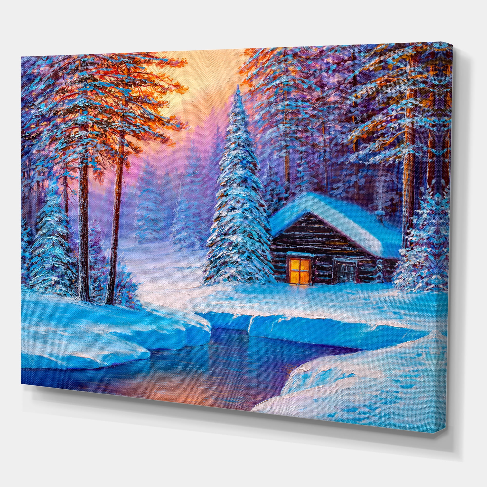Old Cabin In Winter Forest In Evening Glow I 40 in x 30 in Painting Canvas Art Print, by Designart